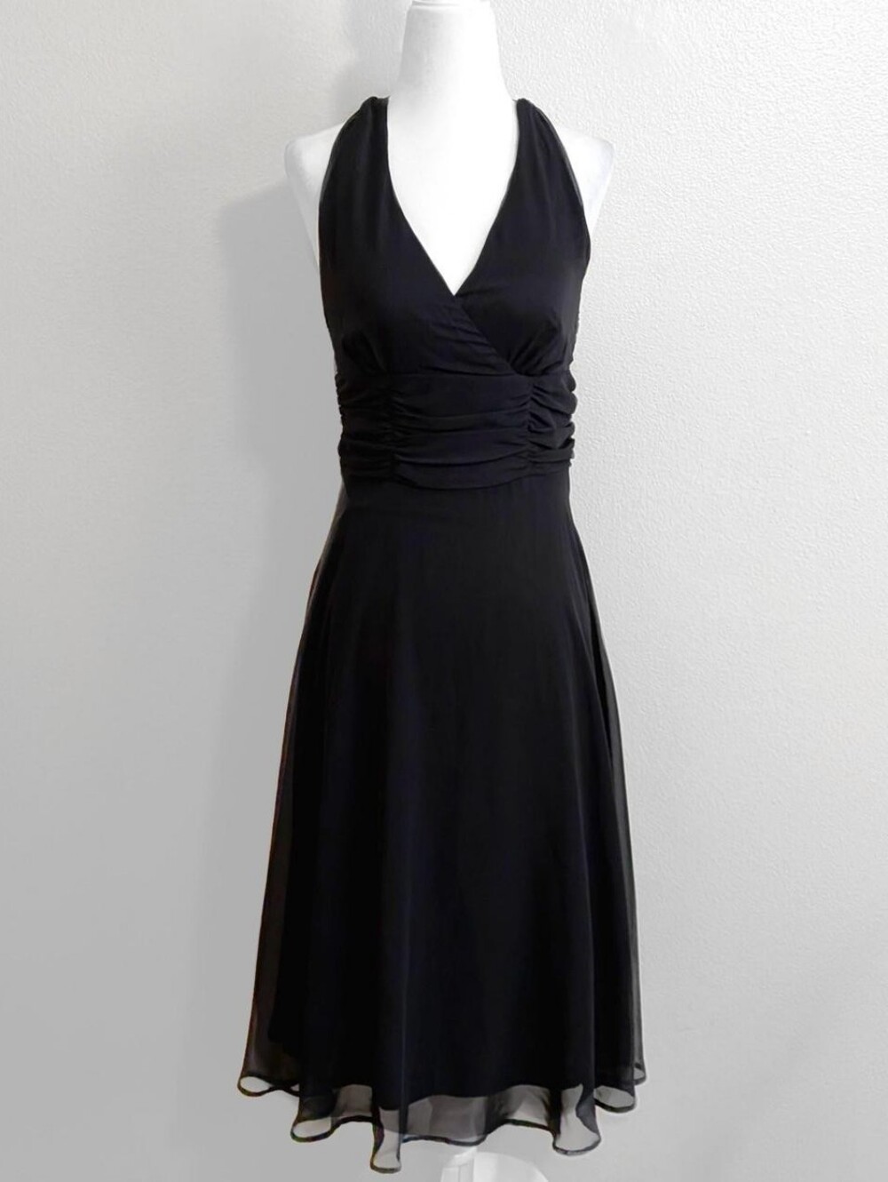 Vintage Connected Apparel Black Flowy Chiffon Halter Neck Midi Dress | Size 8